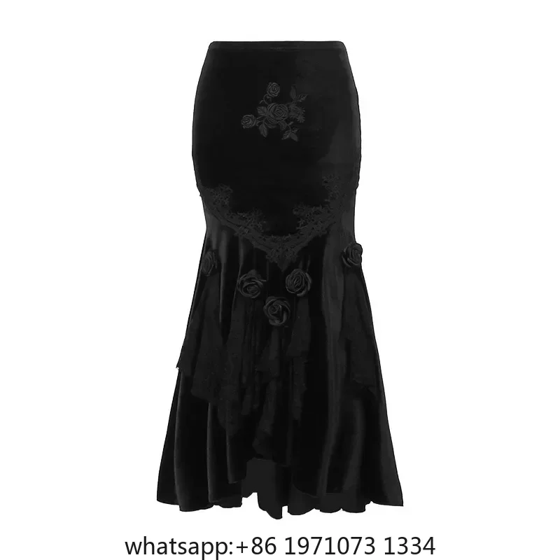 Mall Goth Velvet Fishtail Skirt Women Vintage Jacquard Hip Wrap Fairy Grunge Skirt Victorian Ladies Steampunk Long Skirt