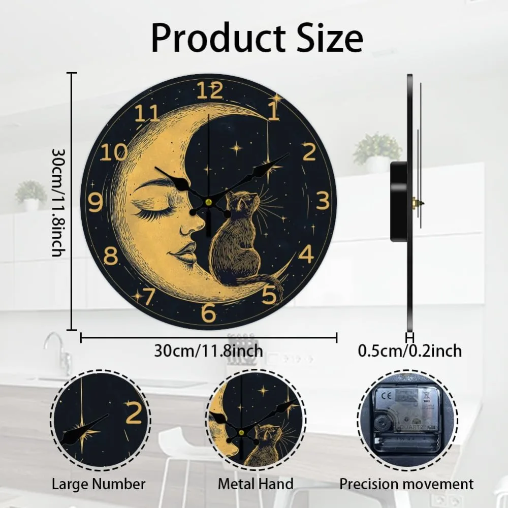 Moon Wall Clock 12 Inch Battery Operated Wooden Wall Clock Stars Cat Non Ticking Silent Wall Clock Decorative making kit