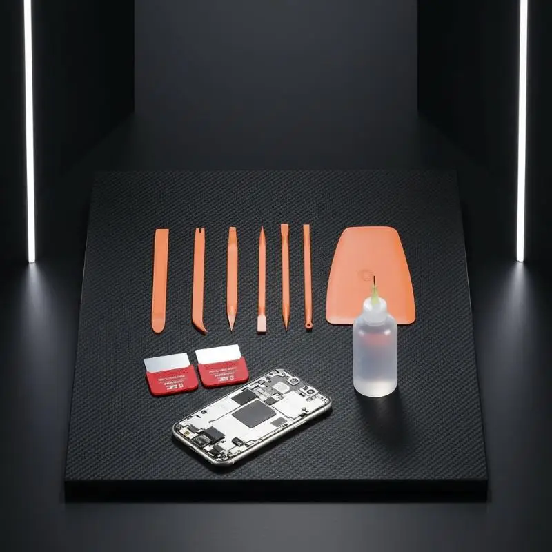 7-in-1 Screen Repair Kit, Includes 3Pcs Plastic Spudgers, 2Pcs Prying Blades, 1Pc Pry Card & 1 Plastic Liquid Bottle