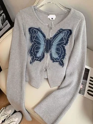 Jmprs Retro Bufferfly Y2K Cardigan Sweaters Women Streetwear Slim Grey Knitted Coat Tops Sexy Cropped Female Harajuku Jackets