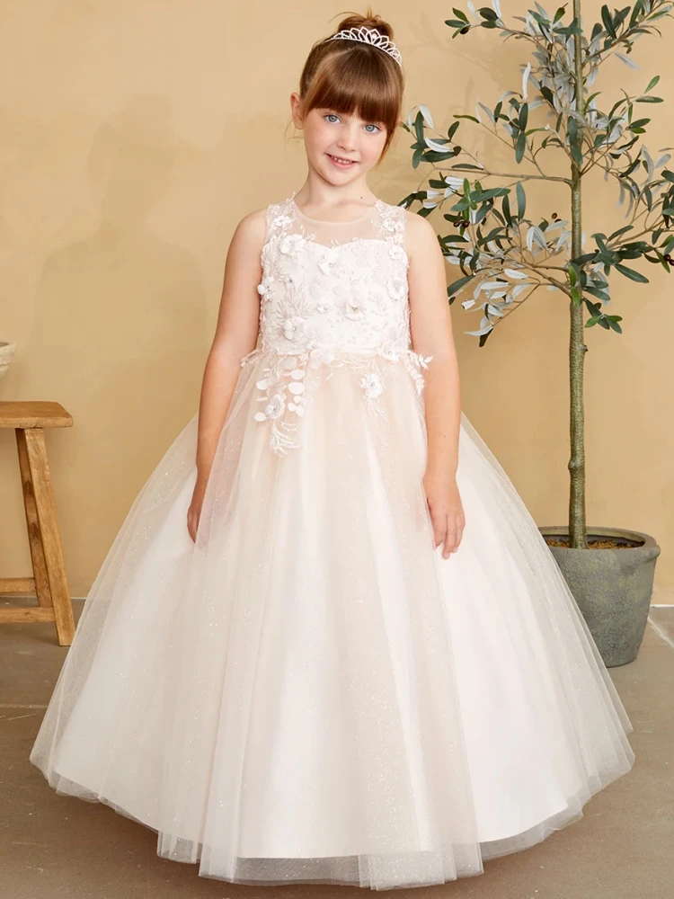 

Champagne Flower Girl Dresses Tulle Puffy Flowers Appliques With Bow Sleeveless For Wedding Birthday First Communion Gowns