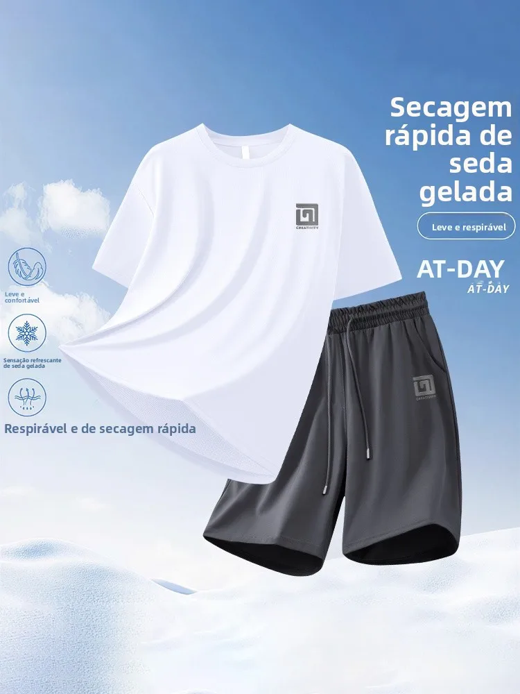 ウォリアーアイスシルク速乾通気性半袖tシャツ＆ランニングショーツメンズサマーフィットネススポーツウェアカジュアルセット