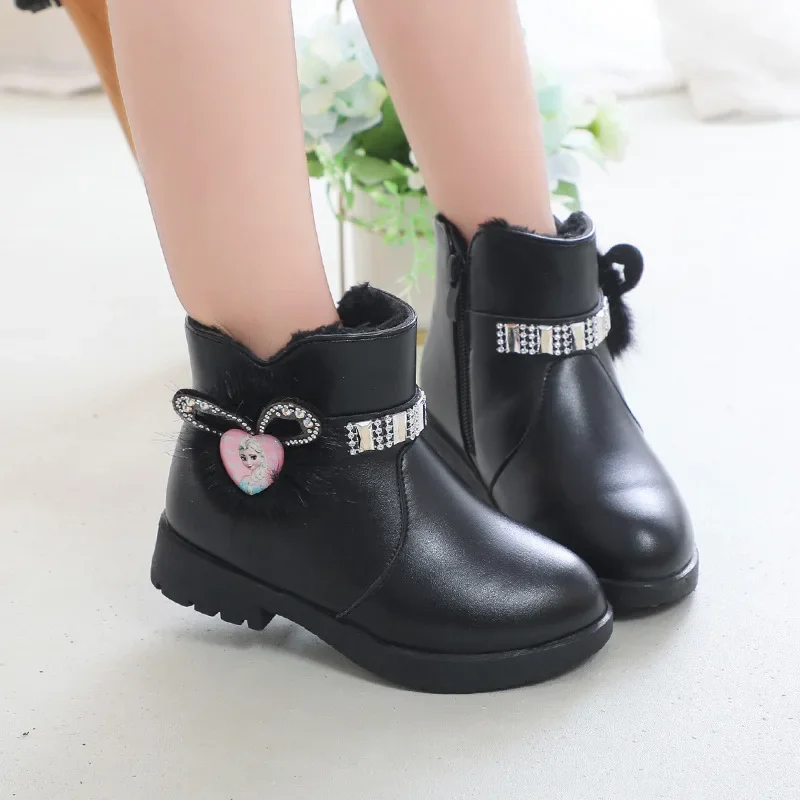 

Winter Children Soft Soled Add Velvet Keep Warm Antiskid Boots Girls Mid Top Cotton Boots Rabbit Ears Rhinestones Side Zippers