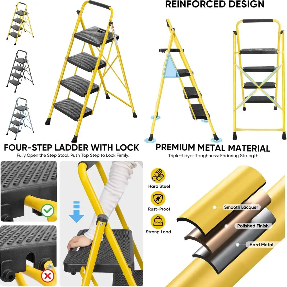 

Heavy-Duty Foldable Step Stool, Portable Steel Ladder for Household and Garage Use, Yellow Colored Storage Solution