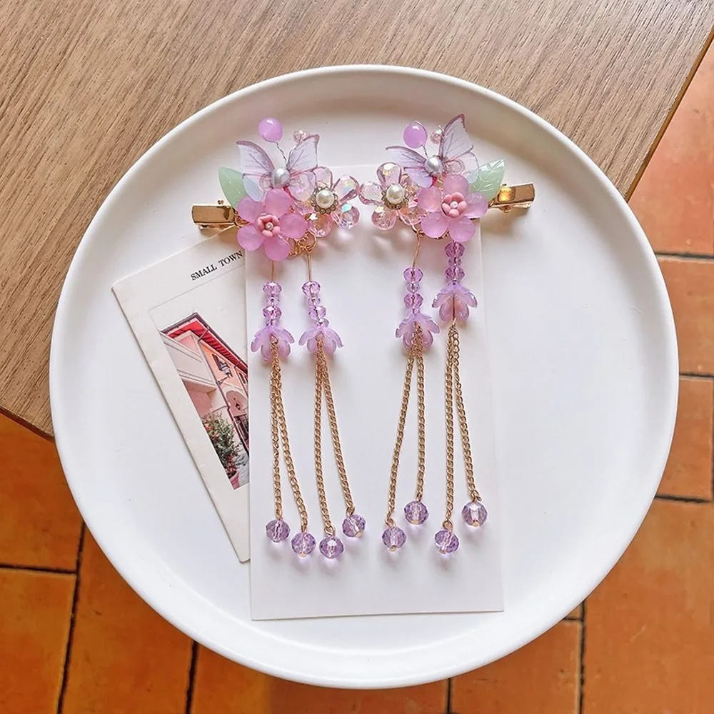 Butterfly Flower Hanfu Ornament Side Clip Tassel Headdress Barrettes Kids Girl Hairpin Chinese Style Hair Clip Hair Accessory