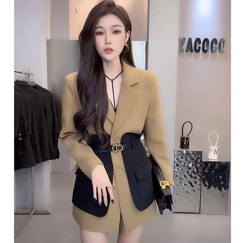 Autumn Women\'s Blazer Jacket Contrast Stitching Long Sleeve Overcoat Fashion With Belt Female Outwear