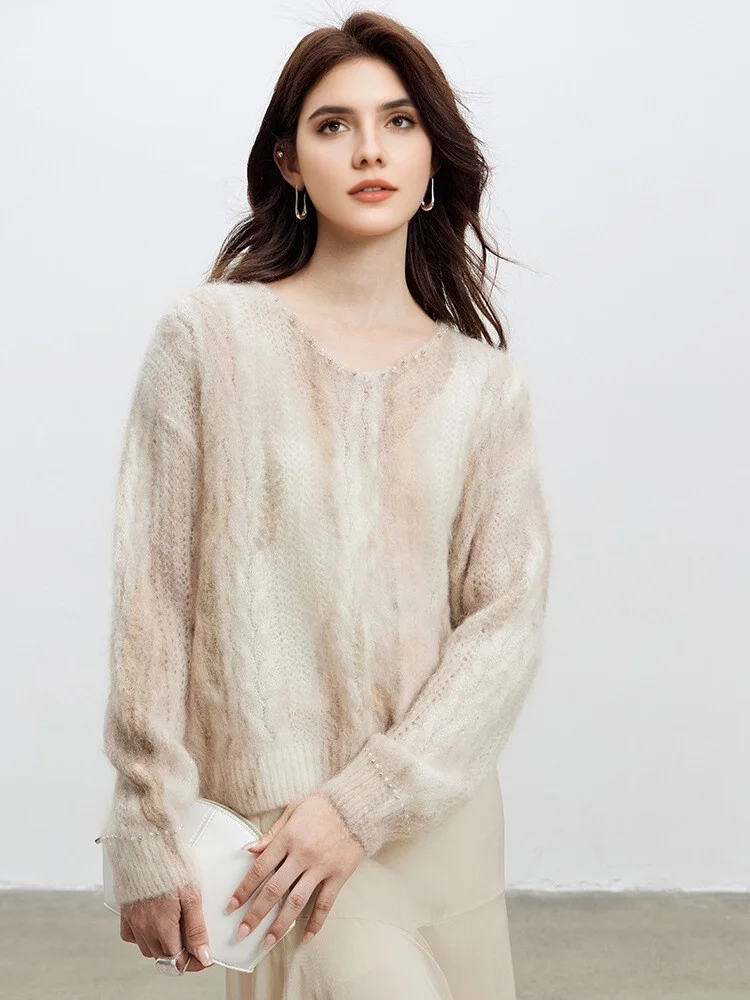 SuyaDream, Women Mohair Pullovers, Wool Blend, V Neck, Printed Sweaters, 2025 Fall Winter Fashionable Top, Blue, Khaki