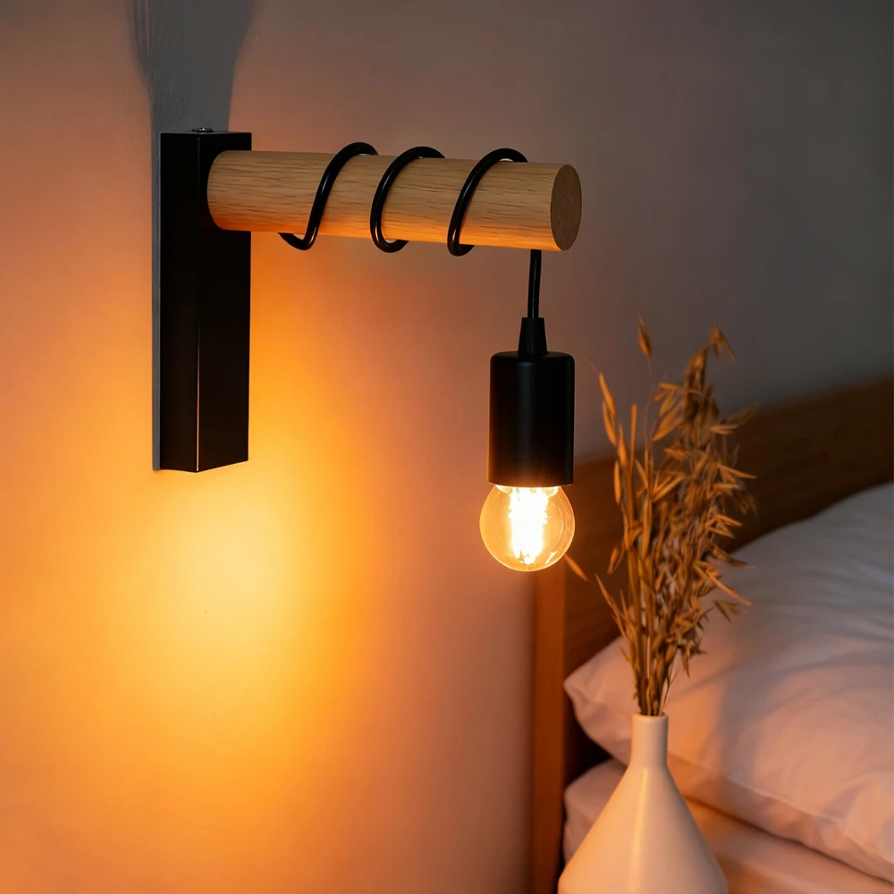 خمر الرجعية الخشب الجدار مصباح الشمعدان أضواء الجدار تركيبات E27 داخلي ديكور المنزل غرفة الطعام أباجورة غرفة نوم السرير الإضاءة