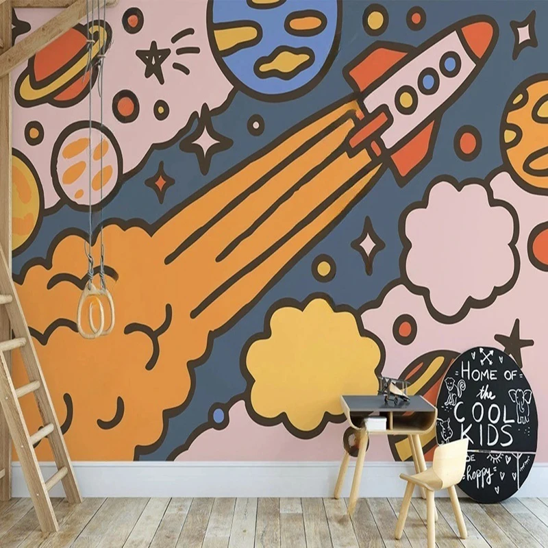 Papel Pintado Hand-Painted Planet Cartoon Wallpaper Starry Sky Clouds Space Theme Mural for Kids' Room Decor Playroom Background