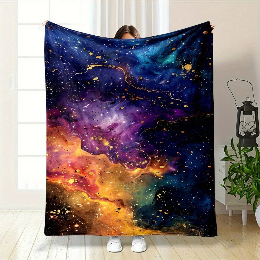 1pc Cosmic Dreamy Galaxy Print Flannel Fleece Throw Blanket - Reversible, All-Season, Cartoon Themed, Digital Print, Contemporar
