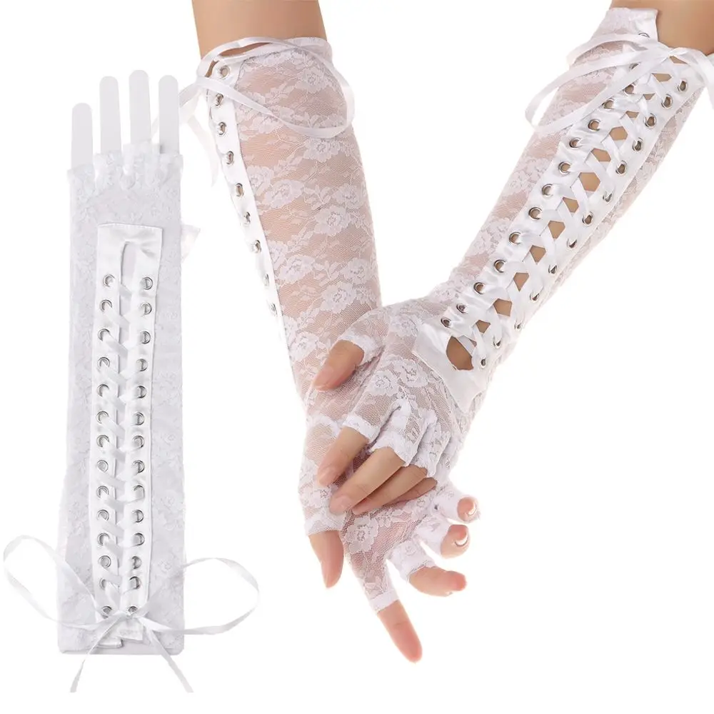 1 زوج النساء حزب تأثيري طقوس الرقص طويل فاسق القفازات القوطية قفازات قفازات برباط شريط حرير #2