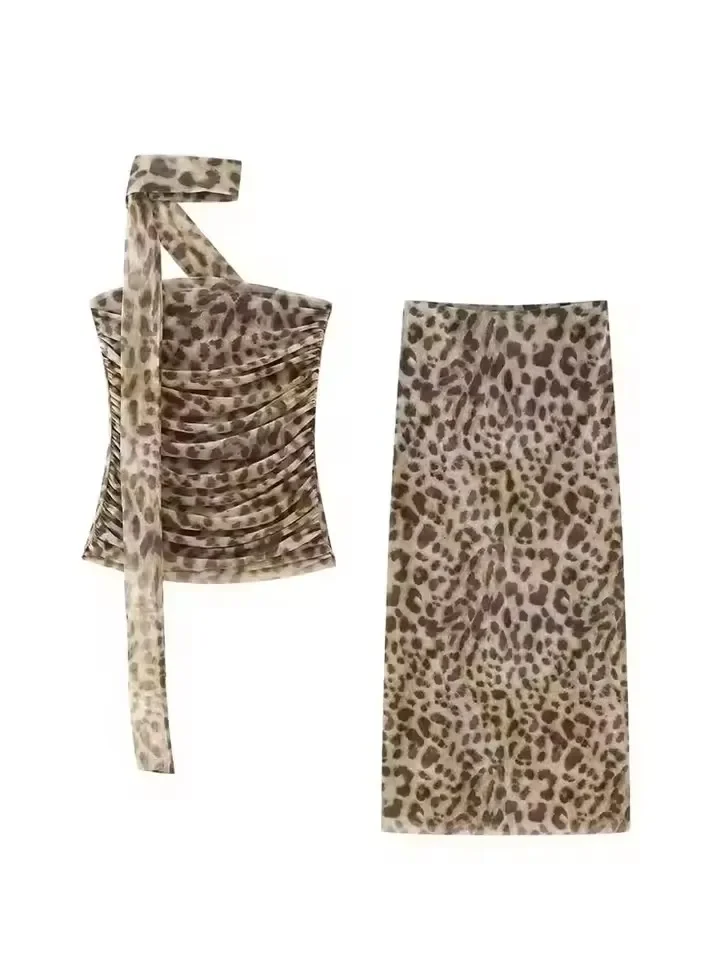 Women Leopard Print 2 Piece Outfit Strapless Ruched Crop Top Maxi Skirt Set With Choker Scarf Party Clubwear For Summer