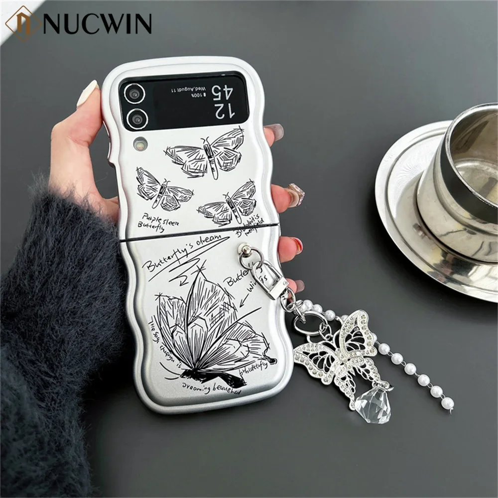 Fashion Butterfly Matte Silver Phone Case for Samsung Galaxy Z Flip 6 5 4 3 ZFlip5 ZFlip4 ZFlip6 Wave Border With Pendant Cover