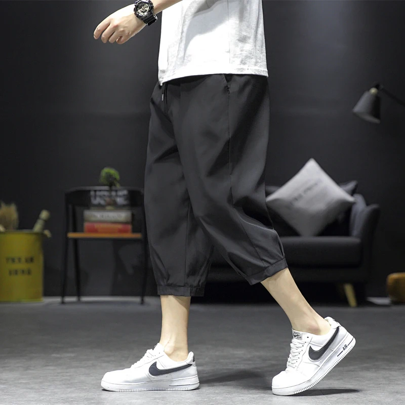 

Мужские летние тонкие свободные спортивные брюки из ледяного шелка, модные повседневные шорты-бриджи, прямые брюки длиной 7/8 из полиэфирного волокна