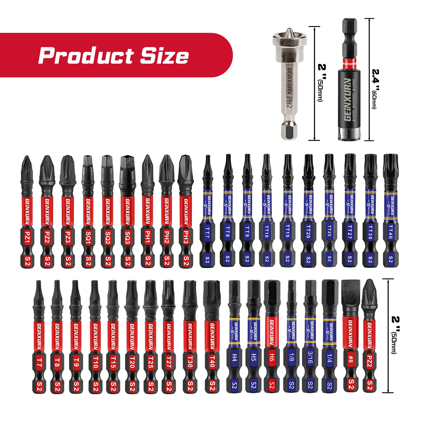 Geinxurn インパクトドライバービットセット、2 インチマルチヘッド磁気 S2 スチールドライバービット PH/SQ/トルクス/六角/PZ ソフトハンギングストリップ付き