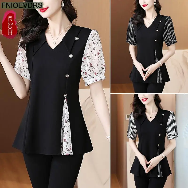Retro Vintage Bloemenprint Tops 2025 Zomer Nieuw Ontwerp Vrouwen Office Lady V-hals Zwarte Knop Patchwork Basic Shirts Blouses