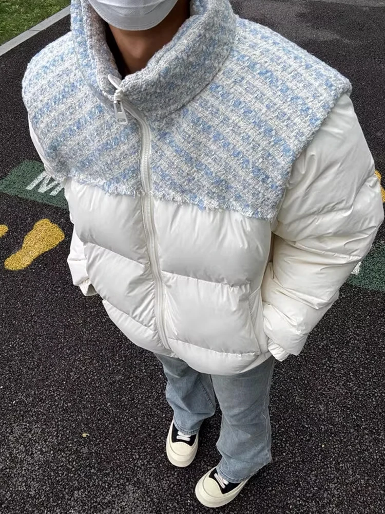 

American Sle Patchwork Stand Collar Thiened Cotton Jaet Men's Winter Warm Outerwear Casual Loose Fit Straight Hem