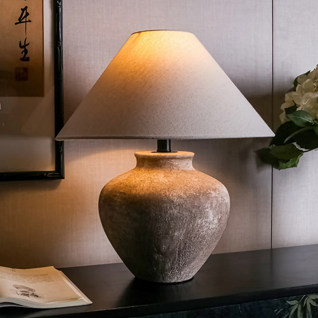 Natural Beige Ceramic Table Lamp with Linen Shade Rustic Farmhouse Nightstand Lamp for Bedroom Living Room Decor