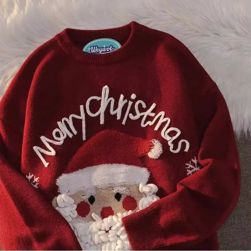

Retro Santa Claus Red Round Neck Sweater Women Loose American Autumn and Winter Sweater Couple Outfit