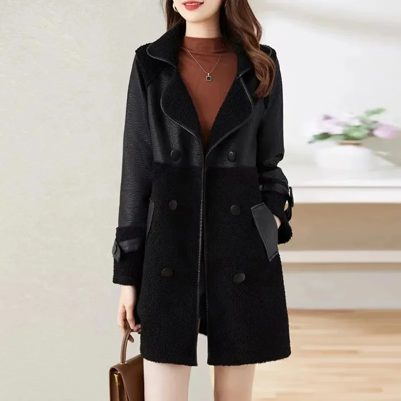 PU Leather Coat Women Add Velvet Thicken 2024 Autumn Winter New Long Jacket Ladies Fur One High-Quality Windbreaker Fashion Tops