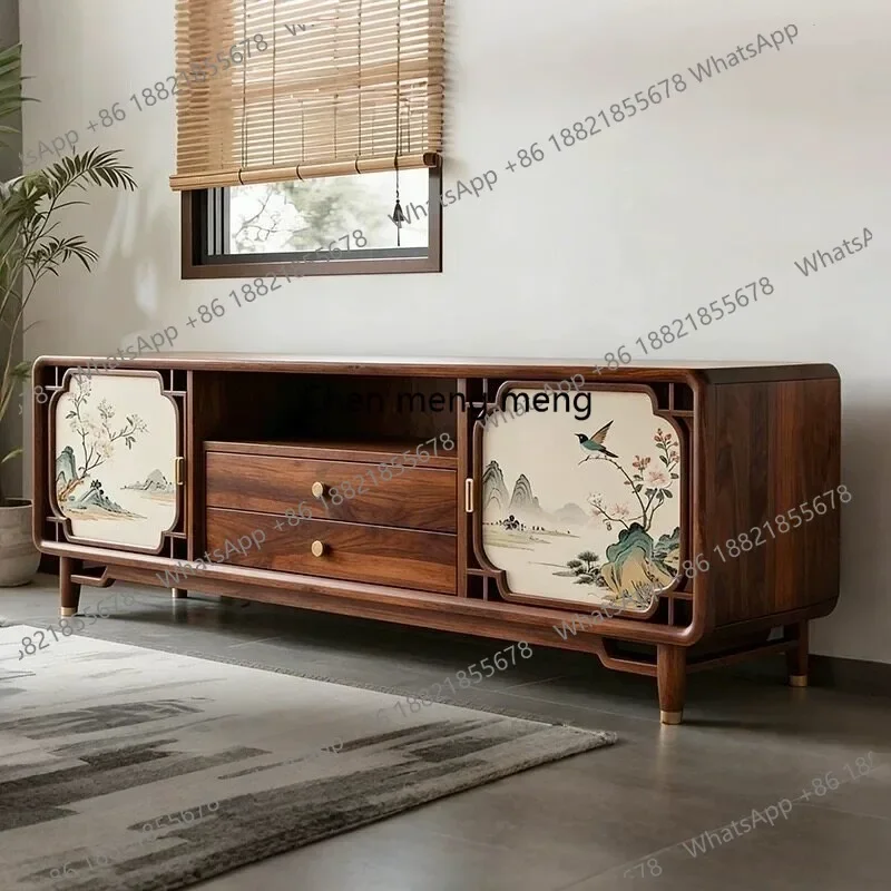 EE182 New Chinese-style North American black walnut TV cabinet, living room decorative pattern cabinet, high-end solid wood furn