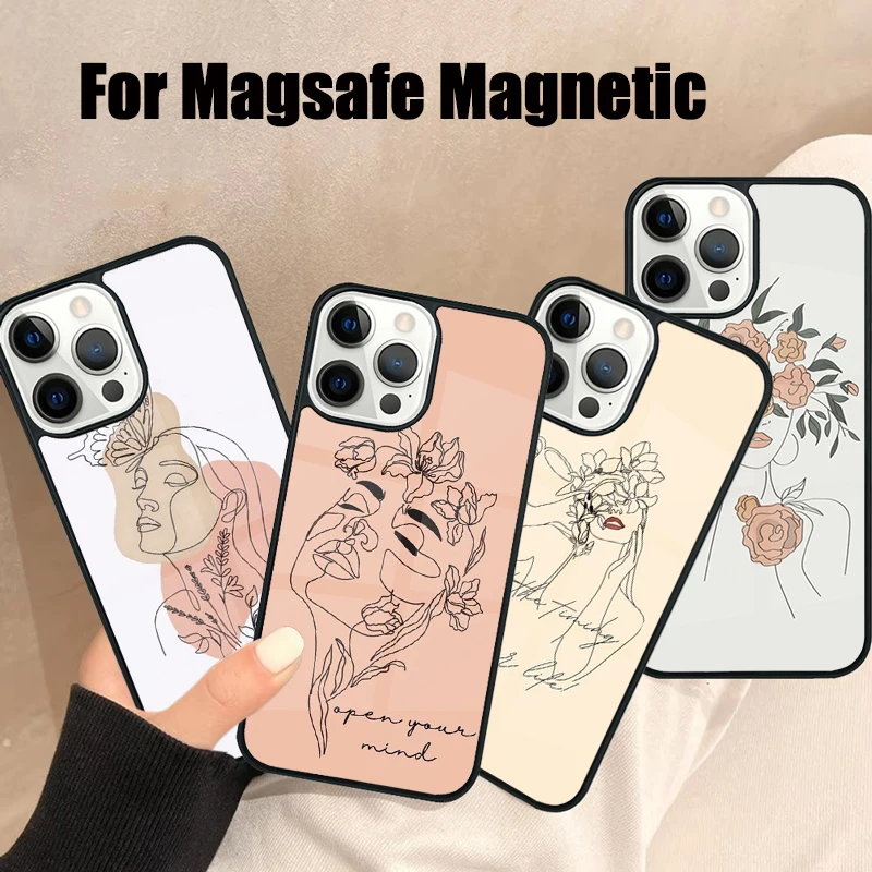 خط الفن رسم زهرة فتاة حماية جراب هاتف آيفون 17 الهواء 16e 15 14 13 12 11 برو ماكس زائد Magsafe غطاء مغناطيسي