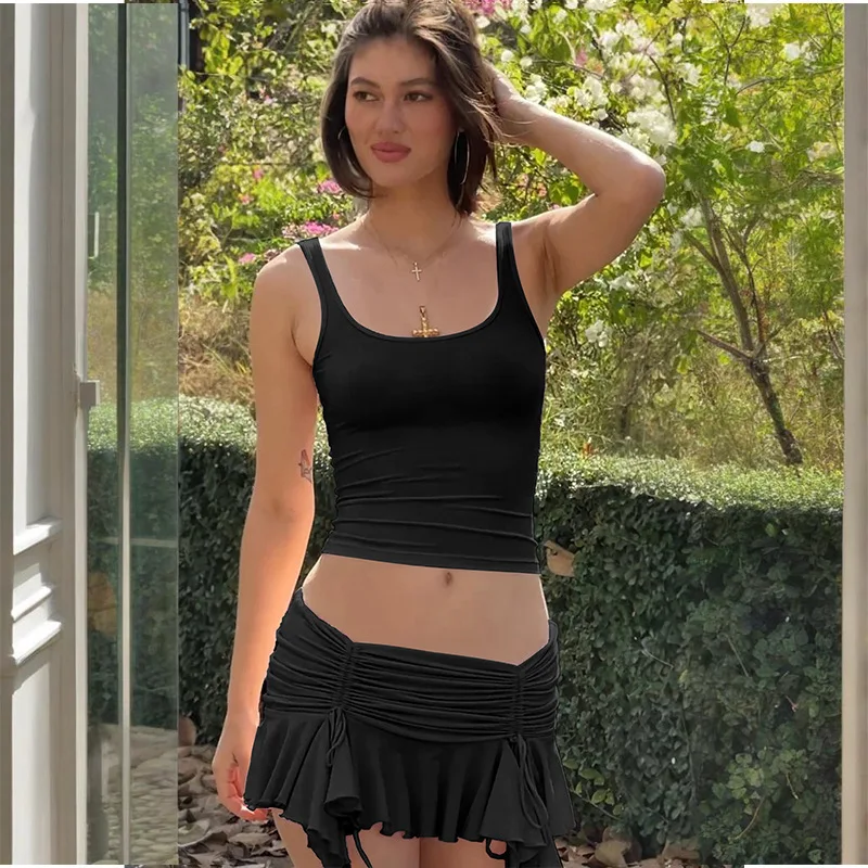 Slim Fit Colete f Saia Conjunto Gola Quadrada Faionable Conjunto Feminino Fibra de Poliéster Coleção Outono Sem Marca Registrada