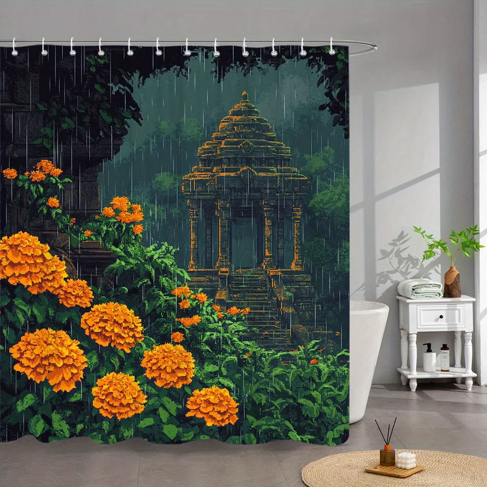 

Водонепроницаемая занавеска для душа Rainy Jungle Temple, устойчивая к плесени — мистический дизайн для экзотического декора ванной комнаты