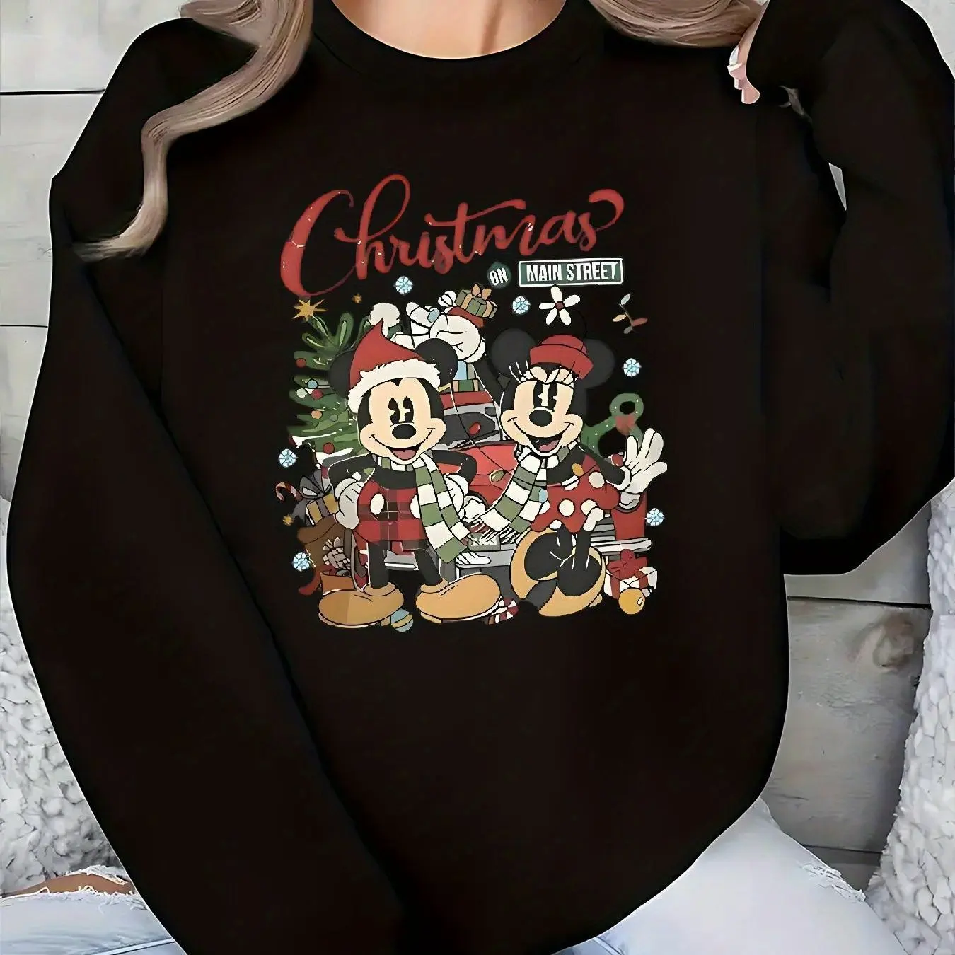 Disney Mickey Mouse Weihnachtspullover für Damen, modisch, übergroß, Unisex, Rundhalspullover, Herbst und Winter, Fleece, lässig