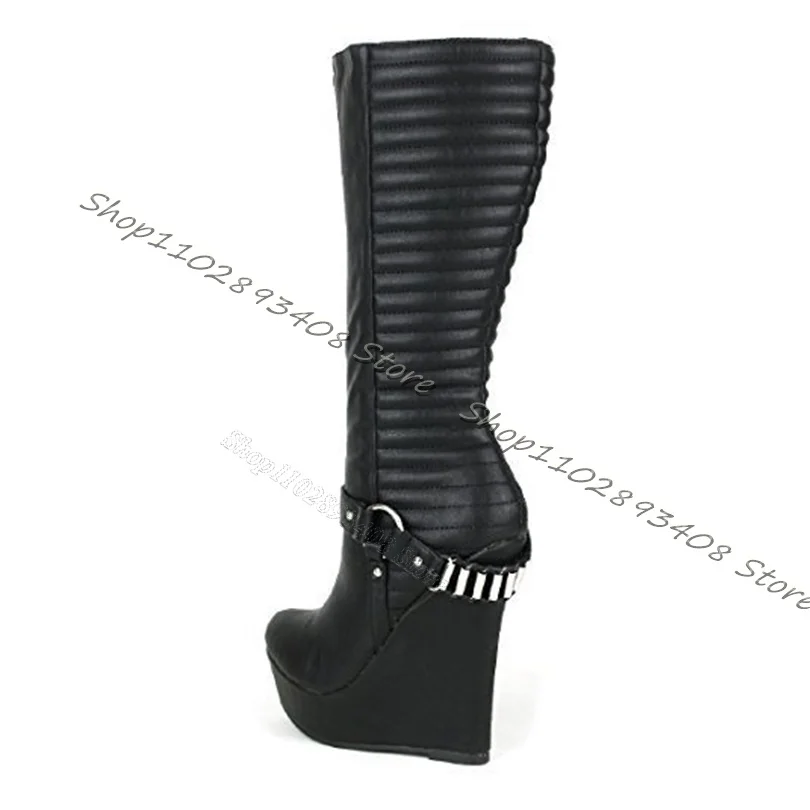 Black Metal Chain Decor Boots Wedges Heels Platform Round Toe Women Shoes New Style Winter Women Warm Boots Zapatos Para Mujere