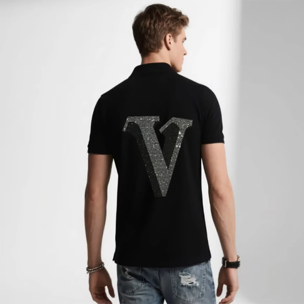 Designer Men Polo Shirt Cartoon Bear Rhinestones Trend Male Lapel Half Sleeve Tees Luxury Brand Heavy Craftsmanship Man Clothing