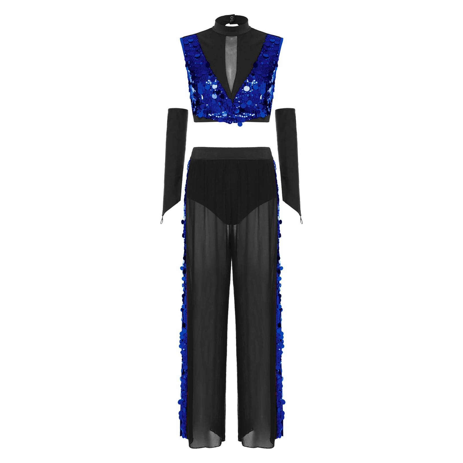 

Womens Lyrical Dance Outfit Sleeveless Backles Glitter Sequined Crop Top with Gloves and Pants Suits for Birthday Themed Party
