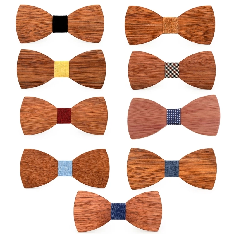 50JB Men's Wooden Bow Tie Handmade Soft Microsuede Pocket Square Durable Bowtie Cufflinks Wedding Party Shirt Accessory