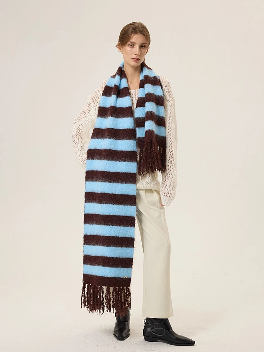 

Длинный толстый шарф из мохера и шерсти в скандинавском стиле, цветной контрастный полосатый пушистый теплый вязаный шарф, зимний шейный платок унисекс