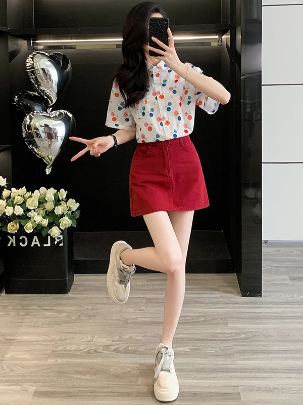 Fashionable Checkered Short Sleeve Shirt And Denim  Skirt Women's Two Piece Set Summer 2026 Age Reducing Elegant Outfit