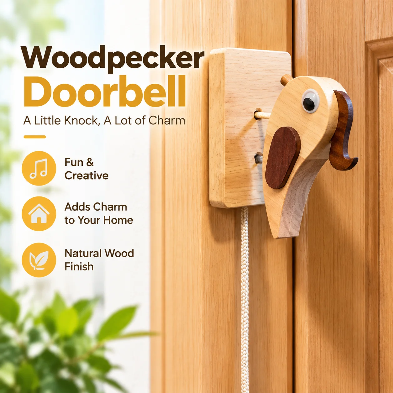 Woodpecker Doorbell Creative Door Knocker Pull Rope Knock Decoration Pendant Bird