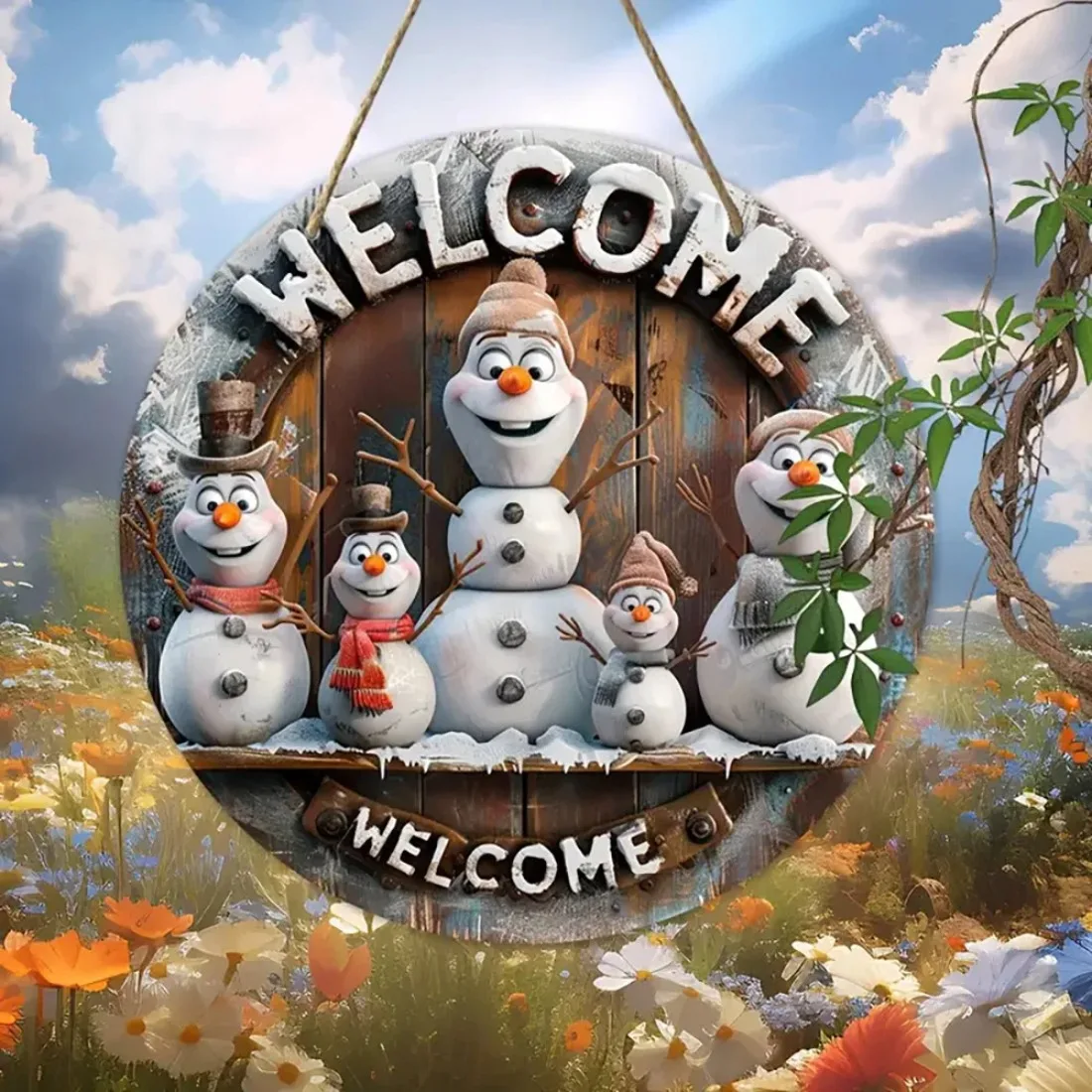 Vintage Snowman Welcome Metal Sign (20x20cm) - Aesthetic Decor for Front Door, Room & Holiday Party