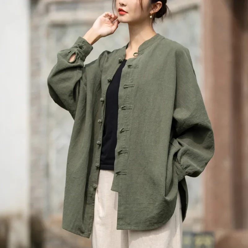 2024 Summer Cotton Linen Chinese Style T-shirt Tops Buckle Casual Long Cardigan Retro Loose Profile Jacket VintageTops for Women