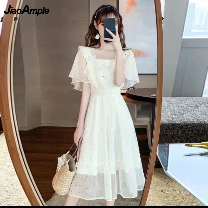 Women French Graceful Chiffon Midi White Dress Summer 2023 Lady Elegant Square Collar Ruffles Sleeve Dresses Cute Cat Mesh Dress