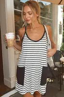 Women Sleeveless Sporty Striped MINI Dress with Built in Romper Summer Dress Shorts Jumpsuits Suspender Solid Casual Playsuit