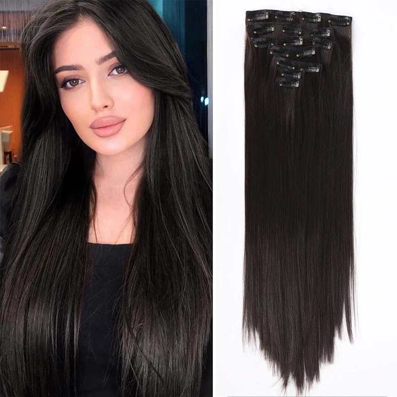 Straight Hair Extensions Set, peruca sintética sem costura, aparência natural, adequado para qualquer ocasião, luxuoso, 7 peça