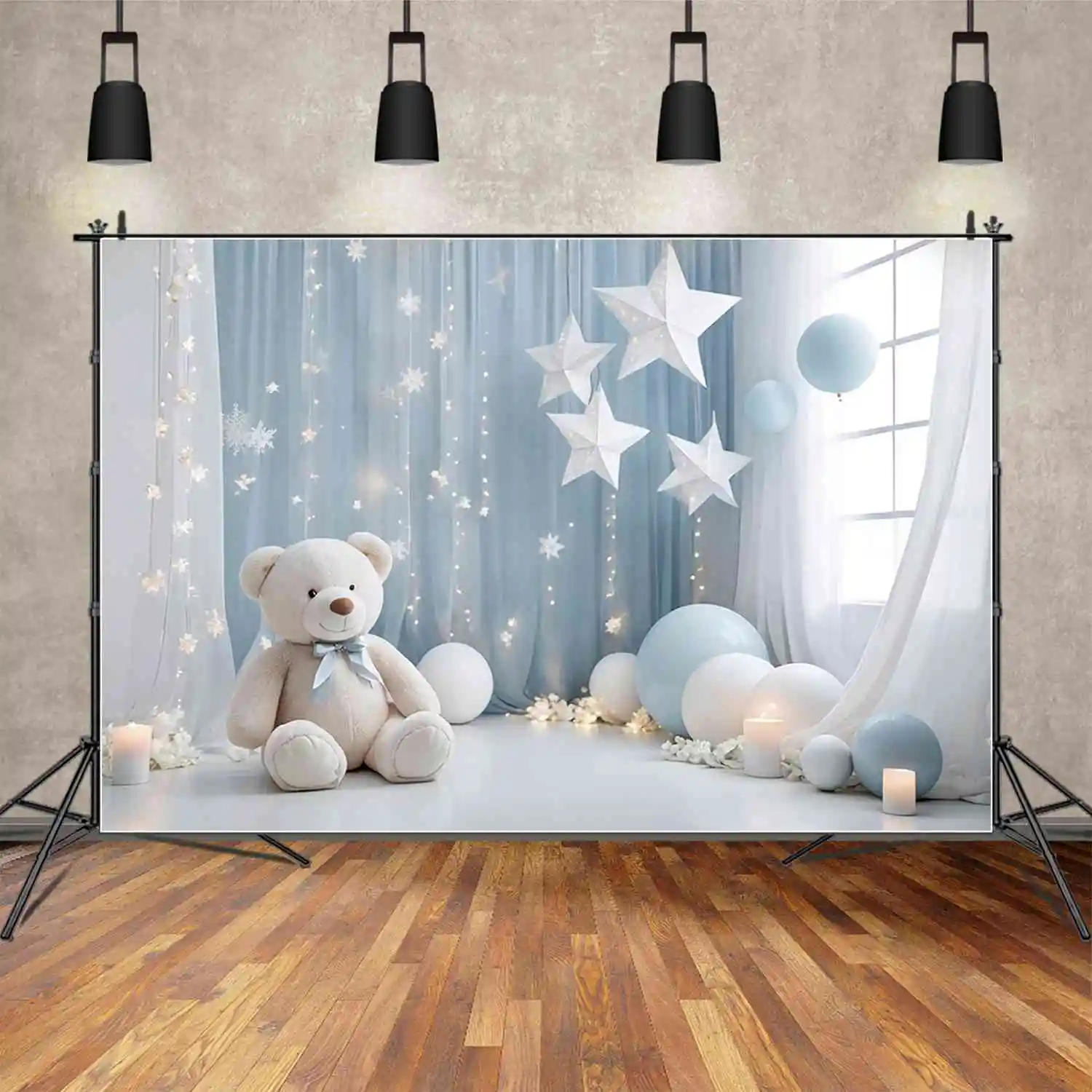 

MOON.QG Star Balloon One Birthday Background Boys Drapes Curtain Teddy Bear Backdrops Custom Party Decoration Photocall Props