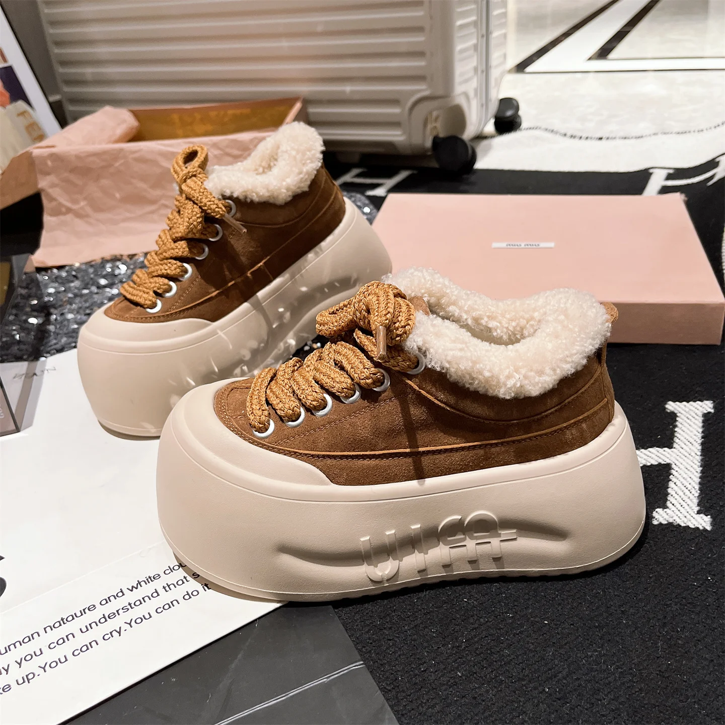 Original Designer Brand Leather Lambing Wool Shoes Lace Platform Casual Plate Shoes Plus Velvet Shoes for Women