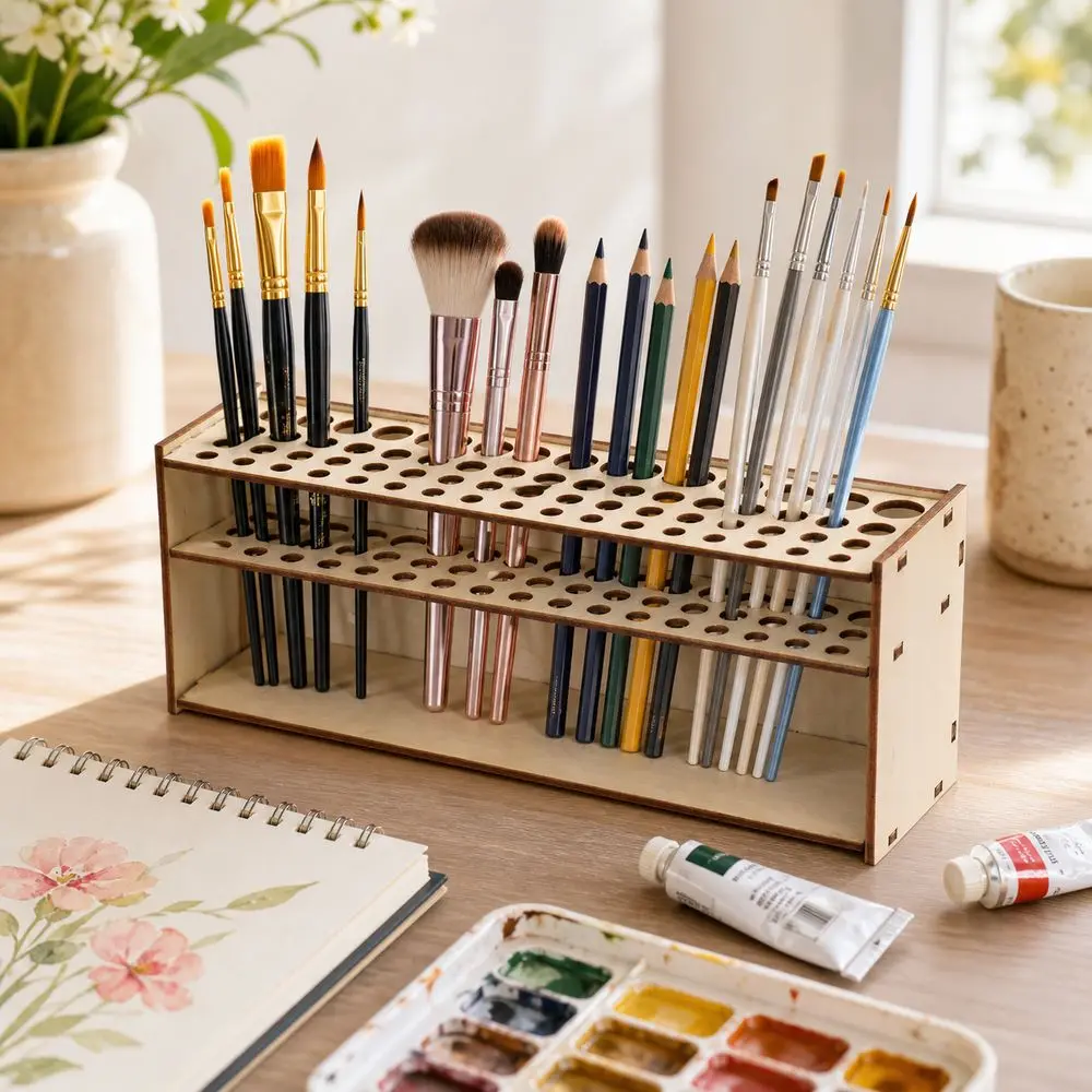 Wooden Paintbrush Organizer Space Saving Open Slot Structure Brush Holder Multi Hole Natural Wood Style Makeup Brush Holder