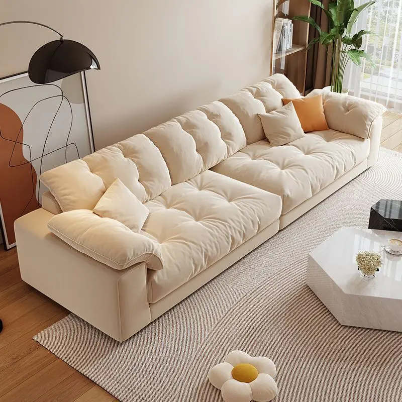 

Cream wind sofa living room size apartment straight row modern simple cat scratch technology cloth sofa
