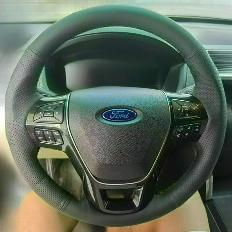 

For Ford Explorer 2016 2017 2018 Hand-stitched renovation wear-resistant Non-slip black Leather car steering wheel cover
