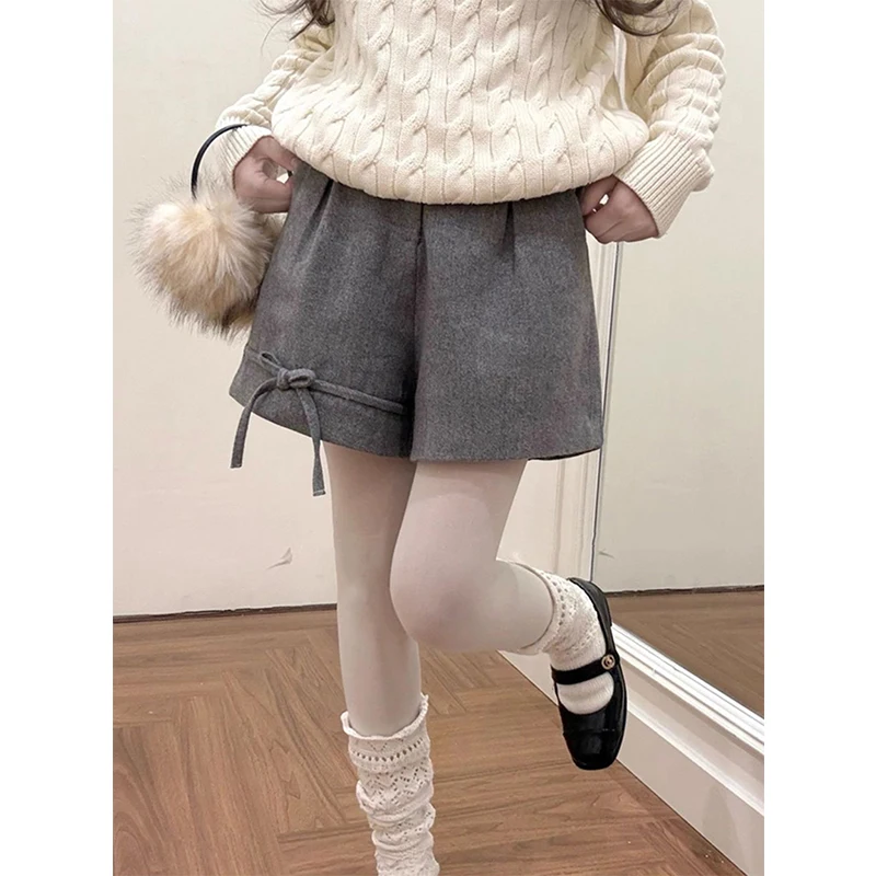 

Женские шорты с милым бантом, японские кавайные серые широкие шорты, осень-зима, корейские модные мешковатые повседневные короткие брюки Cutecore, новые