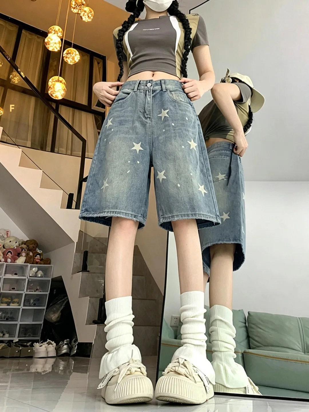 High Waist Wide Leg Five-Pointed Star Washed Denim Jeans Women Summer Thin Loose Straight Cut Trousers Comfortable Fit Jeans