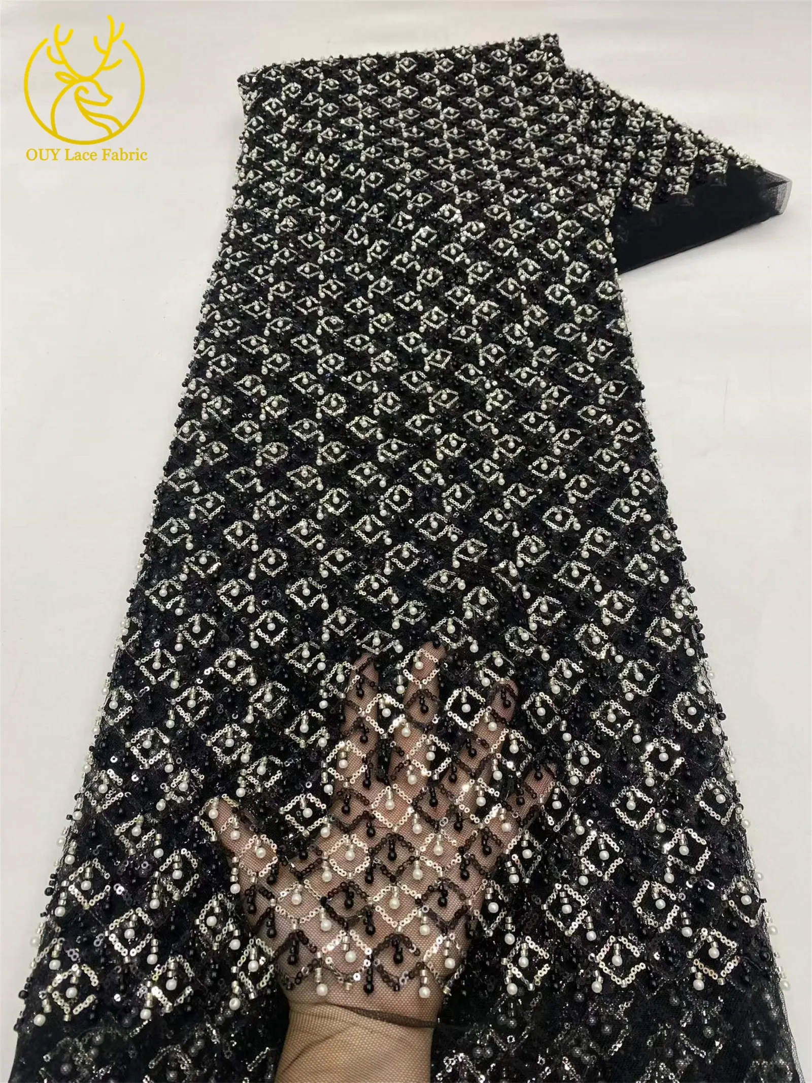 Olivgrüner afrikanischer Spitzenstoff, französischer Mesh-Spitzenstoff mit Pailletten und Perlen, Tüll-Mesh-Spitzenstoff für Damen, Hochzeitsfeier, Abendkleid, Nähen – Detail 15