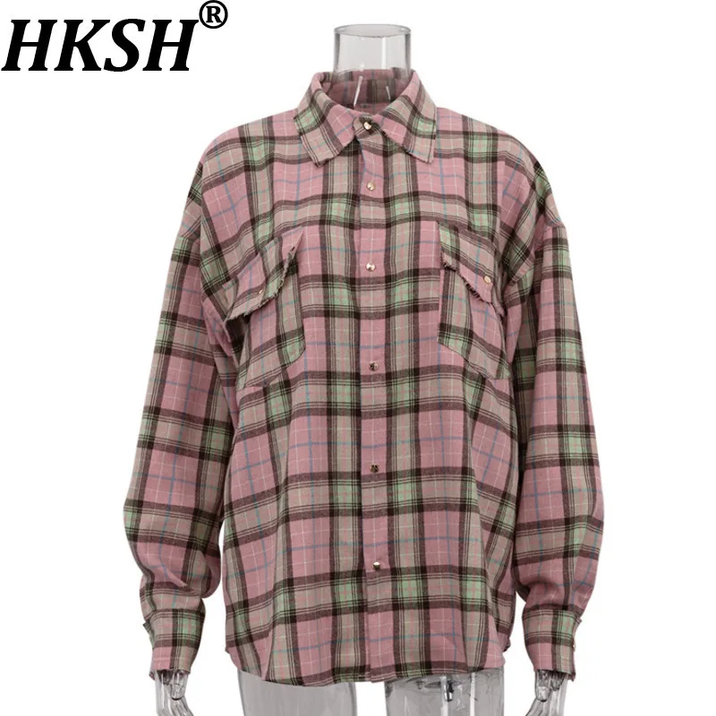 

HKSH весна осень новая женская клетчатая рубашка с отложным воротником однобортные карманы универсальная блузка американские топы в стиле ретро HK14233